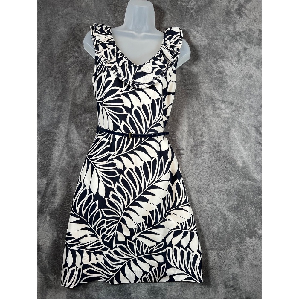 Kate Spade New York Dress Sz 10 Navy White Leaf Print Stella SILK Habotai Lined